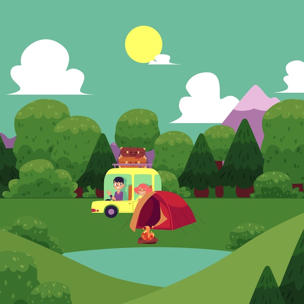 Premium Vector | Illustration flat camping, road trip scene