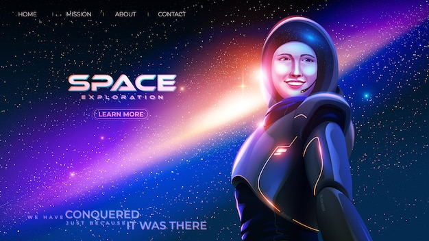 宇宙服を着た女性宇宙飛行士のランディングページテンプレートのイラストは 巨大な宇宙を背景に幸せに笑っています プレミアムベクター