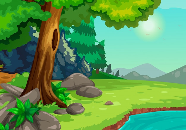 Illustration of forest with a river background vector Premium Vector