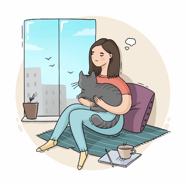 Premium Vector | Illustration of a girl sitting by the window with a cat