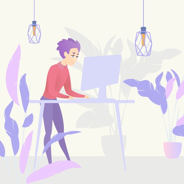 Illustration guy standing table working computer Premium Vector