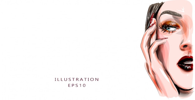 Illustration. half face of a beautiful girl. makeup red lips and long eyelashes. suitable for printi