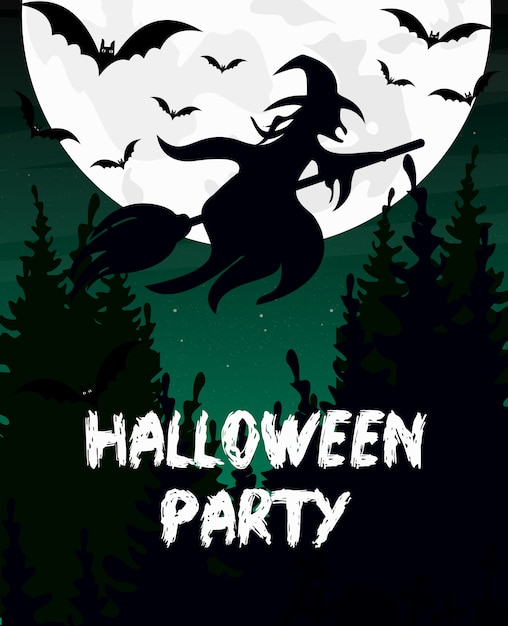 イラストハロウィーンパーティーの招待状やグリーティングカード 魔女のシルエット ほうきの柄 コウモリ 月は暗い空の背景です プレミアムベクター