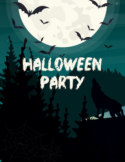イラストハロウィーンパーティーの招待状やグリーティングカード オオカミのシルエット コウモリ 暗い空を背景に月 プレミアムベクター