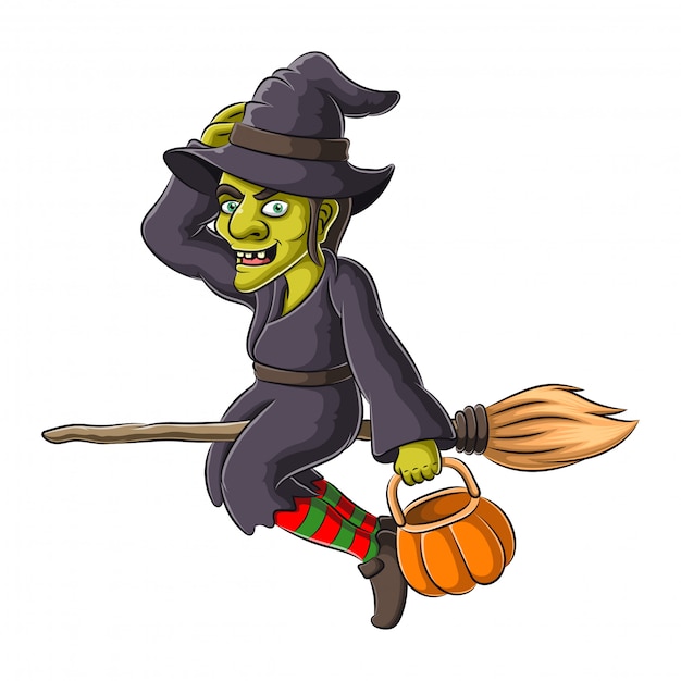 Premium Vector | Illustration of halloween witch flying on broom