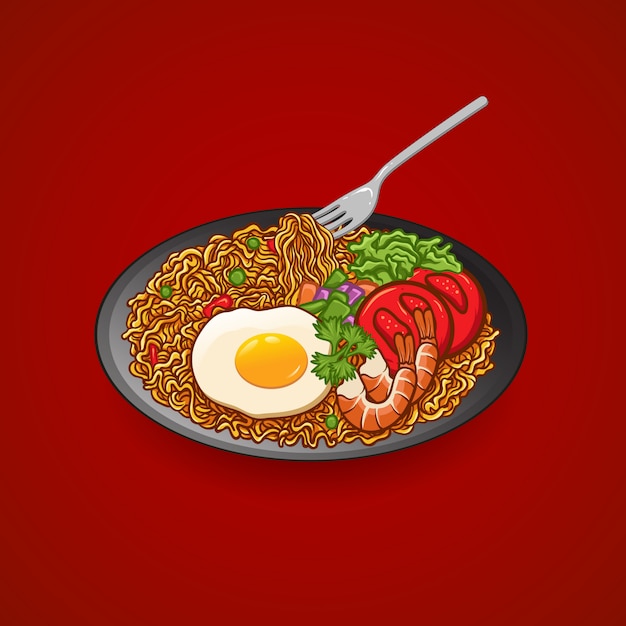 卵 トマト エビ キュウリ セロリ 皿とフォークのイラスト手描きのベクトル麺 プレミアムベクター