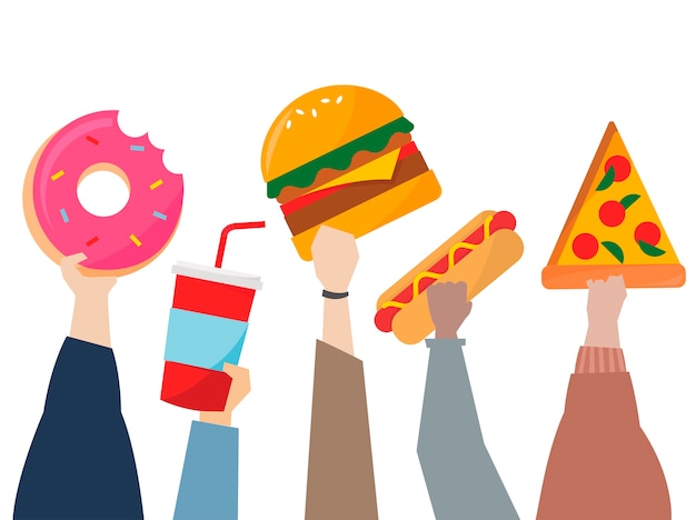Illustration of hands holding junk food Free Vector