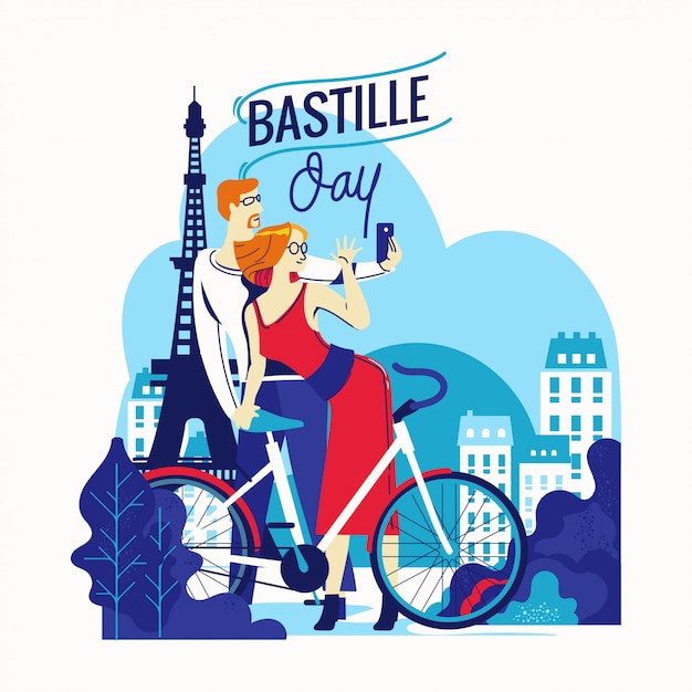 プレミアムベクター フランスの建国記念日のハッピーバスティーユデーチラシとグリーティングカードのイラスト