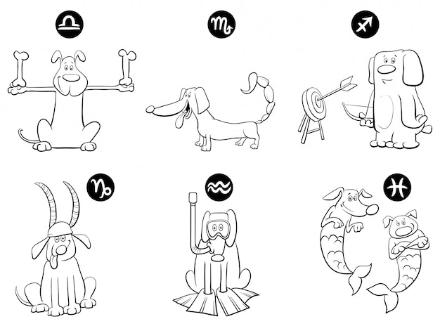 Illustration of horoscope zodiac signs with dogs set Premium Vector