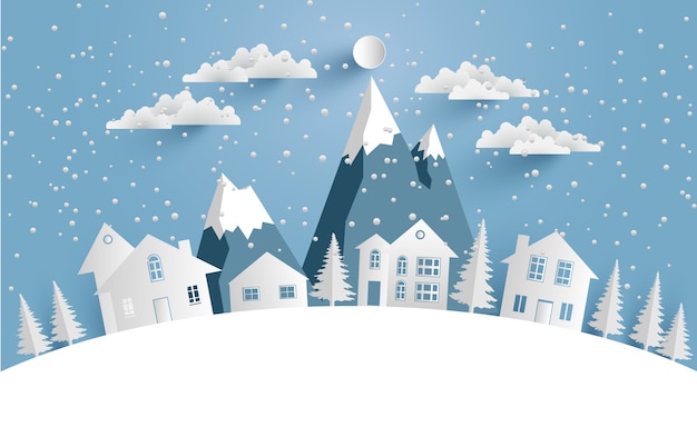 Download Illustration of the house in winter with mountain. design paper art and crafts Vector | Premium ...