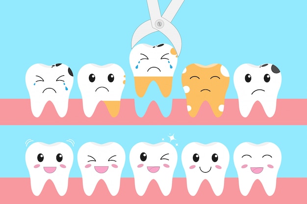 健康な歯と歯の損失の問題のイラストアイコンセット プレミアムベクター