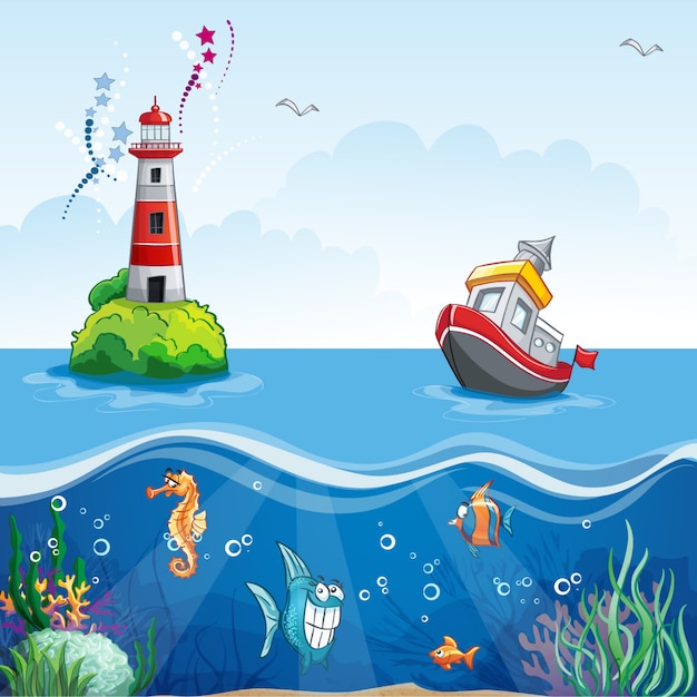 海と楽しい魚で船の漫画のスタイルのイラスト プレミアムベクター