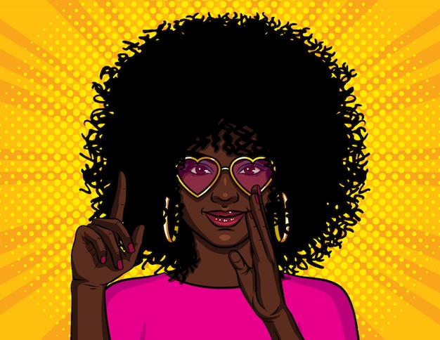 ポップアートスタイルのイラスト アフリカ系アメリカ人の女の子が親指を表示します プレミアムベクター