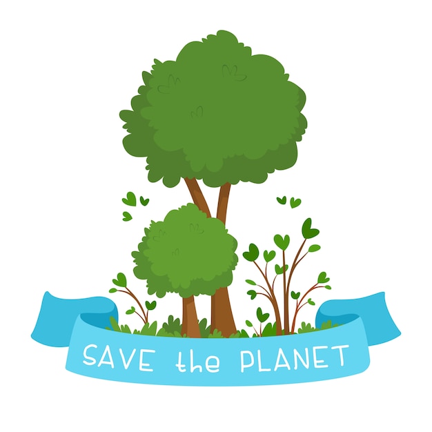 環境保護を支援するイラスト 2本の緑の木と 地球を救え というテキストの付いた青いリボン 環境問題のコンセプト フラットイラスト 無料のベクター