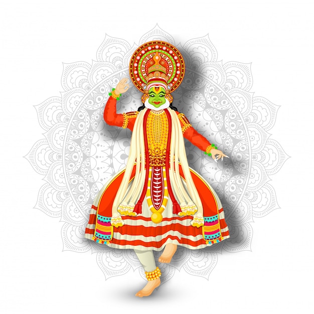 premium vector illustration of kathakali dancer performing on white mandala pattern background https www freepik com profile preagreement getstarted 5451319