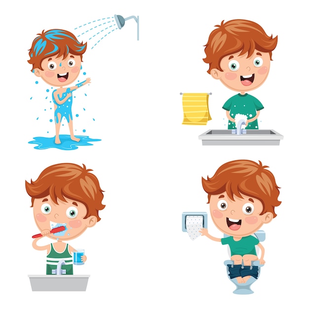 Illustration of kid bathing, brushing teeth, washing hands after toilet ...