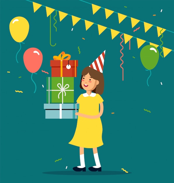 Premium Vector | Illustration of kids party. funny girl character with ...