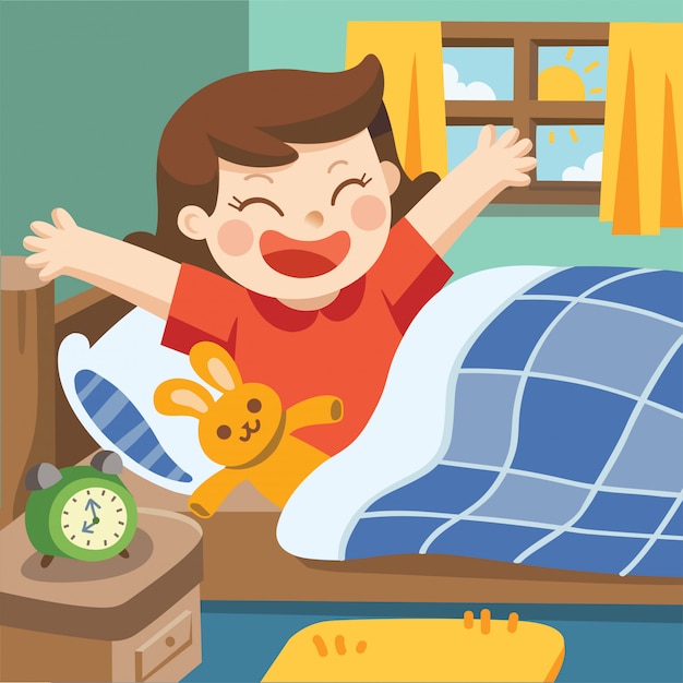 Premium Vector Illustration of a little girl wake up in the morning.