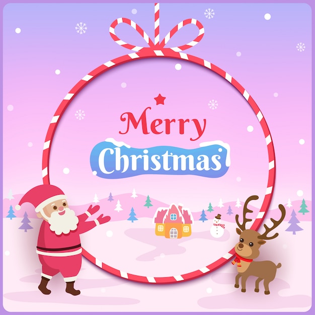 Illustration of merry christmas design with santa claus and reindeer on rope frame and snowy . Premium Vector