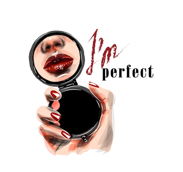 Illustration. mirror in a woman's hand with reflection of her lips. i'm perfect text Premium Vector