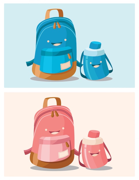 水のボトルと青とピンクのスクールバッグのイラスト プレミアムベクター