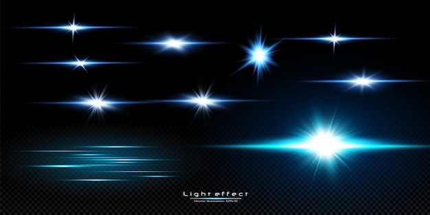 青い色のイラスト 光の効果のセット フラッシュとグレア 明るい光線 輝くライン ベクトルイラスト クリスマスフラッシュ ほこり プレミアムベクター