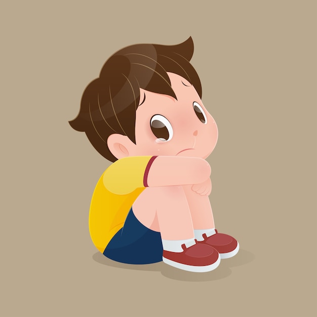 床に泣いて座っている男の子のイラスト プレミアムベクター