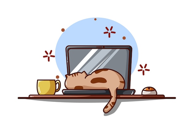 ノートパソコンで寝ている猫のイラスト プレミアムベクター