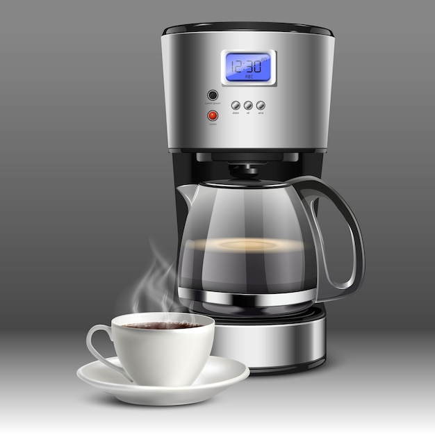 灰色の背景に白いコーヒーカップのコーヒーマシンのイラスト プレミアムベクター