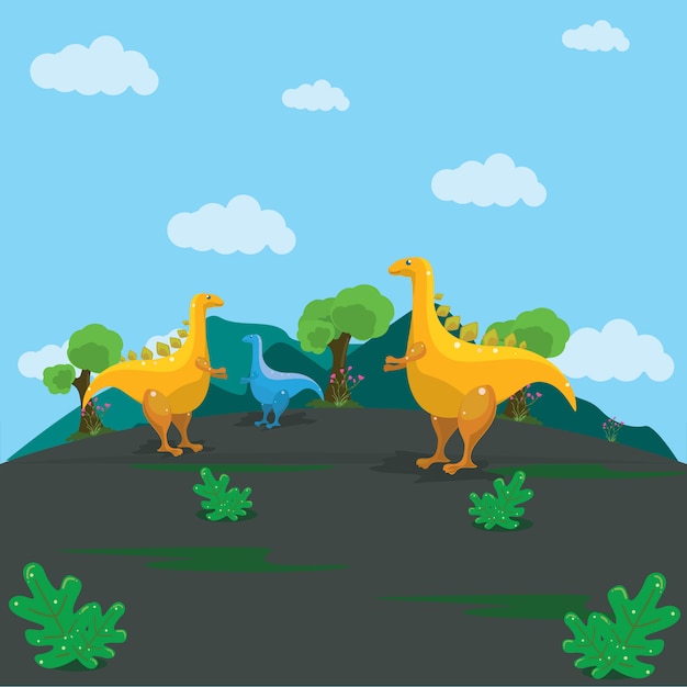 恐竜のコレクションのイラスト集 山を背景に プレミアムベクター