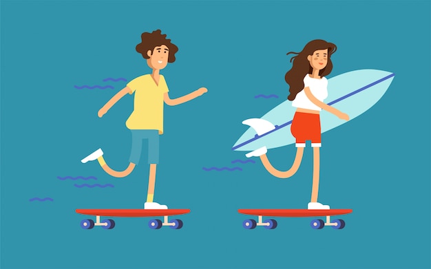 プレミアムベクター スケートボードに乗ってサーフボードを保持しているカップルの男の子と女の子のスケートボーダーのイラスト