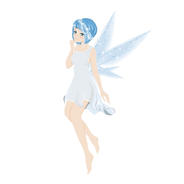 美しい翼で飛んでいるかわいい青い妖精のイラスト プレミアムベクター