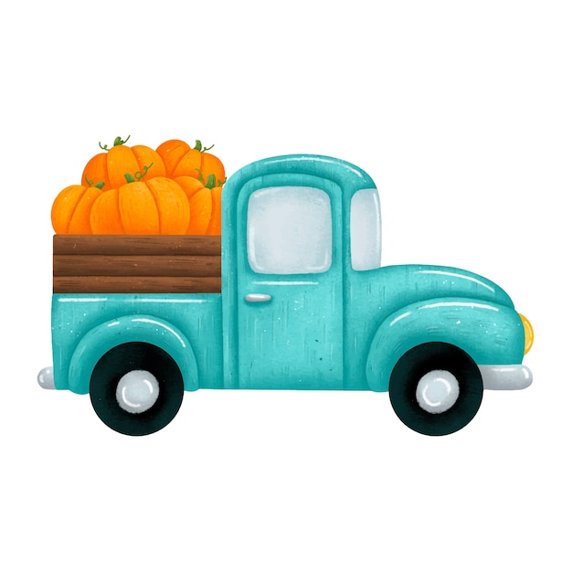 オレンジ色のカボチャとかわいい漫画の緑の車のピックアップトラックのイラスト 孤立した秋の収穫ファームトラック プレミアムベクター