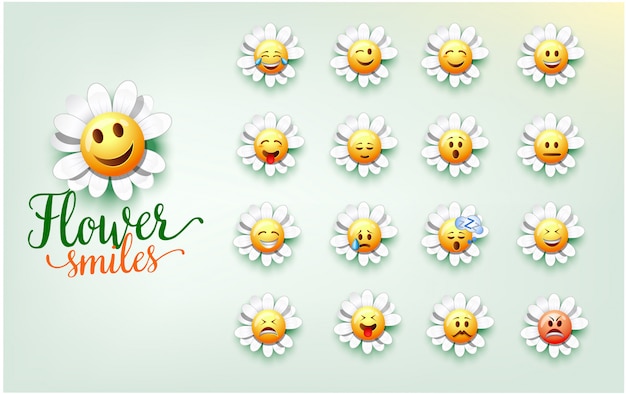 かわいい花のイラストが笑顔 花の表情のセット プレミアムベクター
