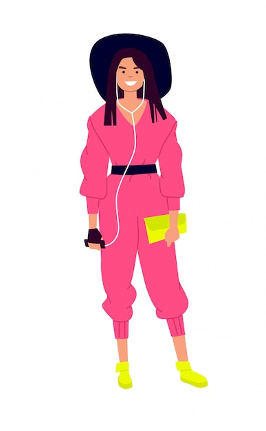 プレミアムベクター 帽子とピンクのジャンプスーツでかわいい女の子のイラスト