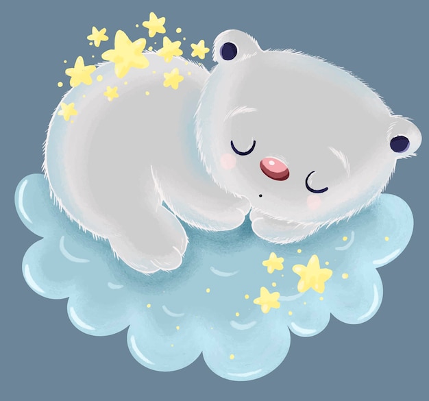 背中に星が付いたかわいい灰色のクマのイラストが雲の上で眠る プレミアムベクター