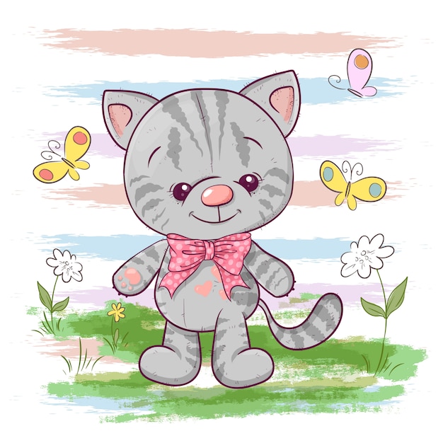 花と蝶のかわいい小さな猫のイラスト 服や子供部屋用に印刷する プレミアムベクター