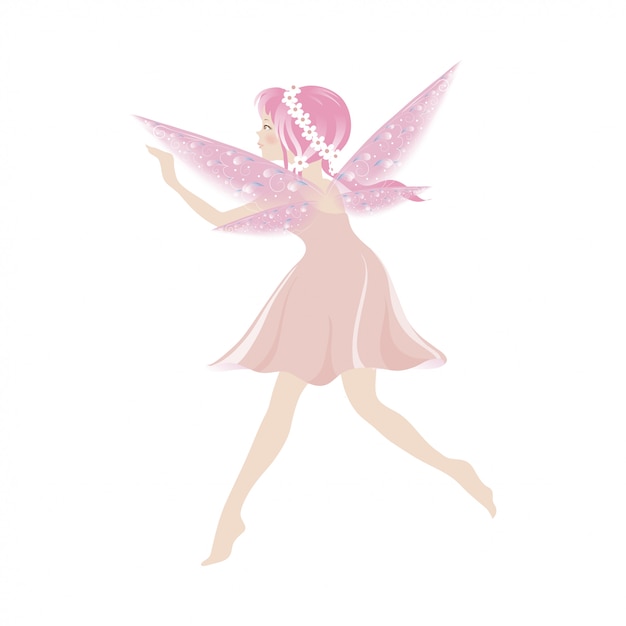 美しい翼で飛んでいるかわいいピンクの妖精のイラスト プレミアムベクター
