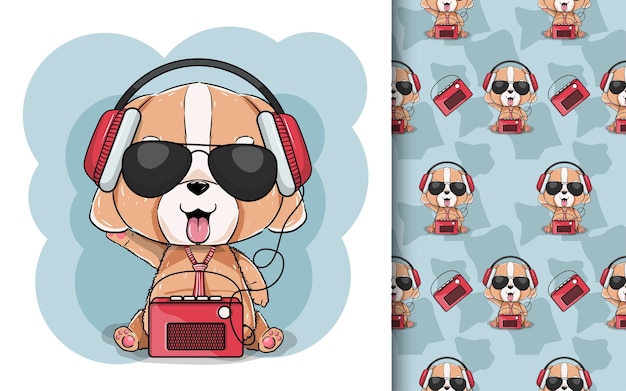 ヘッドフォンとラジオでかわいい子犬のイラスト プレミアムベクター