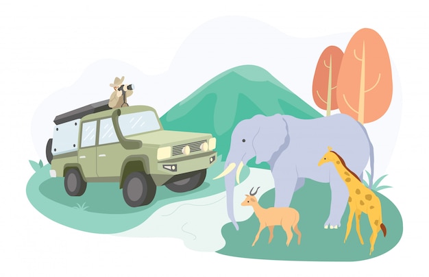 プレミアムベクター 象や鹿などを見にサファリパークに行く家族のイラスト