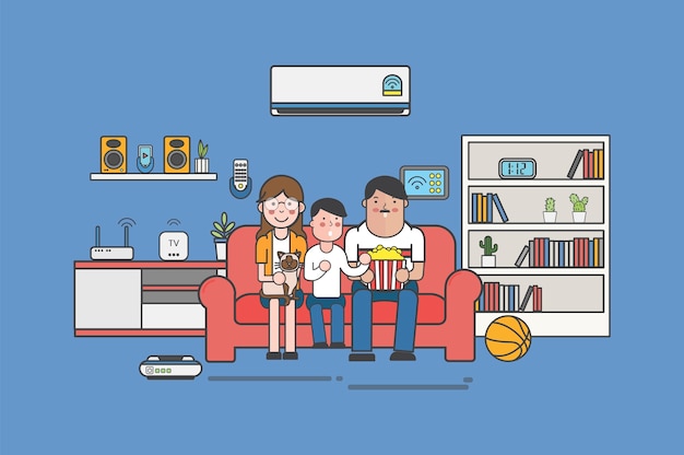 家でテレビを見ている家族のイラスト 無料のベクター