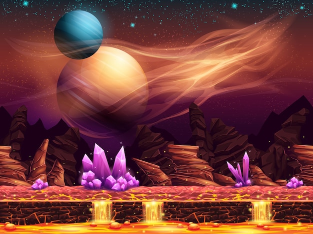 紫色の結晶と赤い惑星の幻想的な風景のイラスト プレミアムベクター