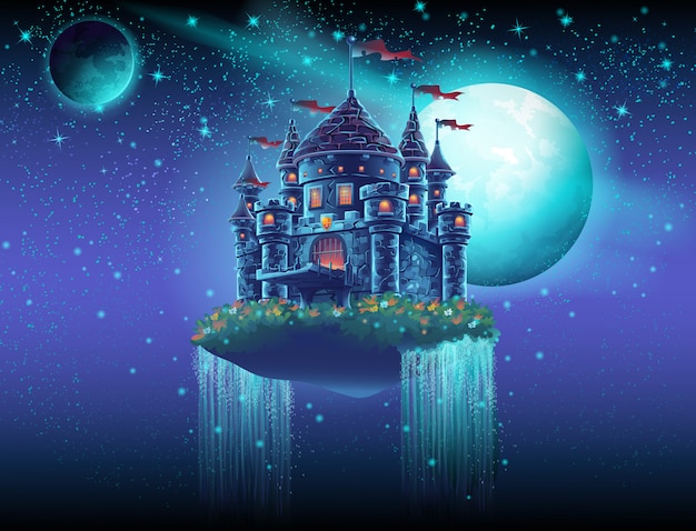 星や惑星を背景に空間で空飛ぶ城のイラスト プレミアムベクター