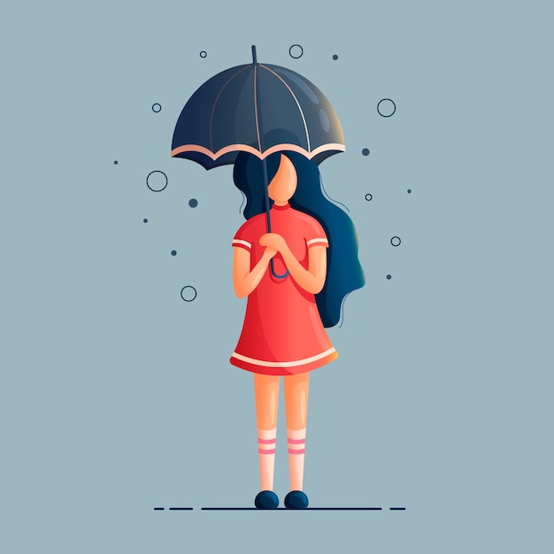 プレミアムベクター 雨の下で傘を持つ少女のイラスト