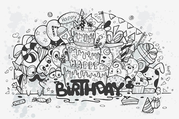 テーマの誕生日に手描きの落書きのイラスト 黒の輪郭 プレミアムベクター