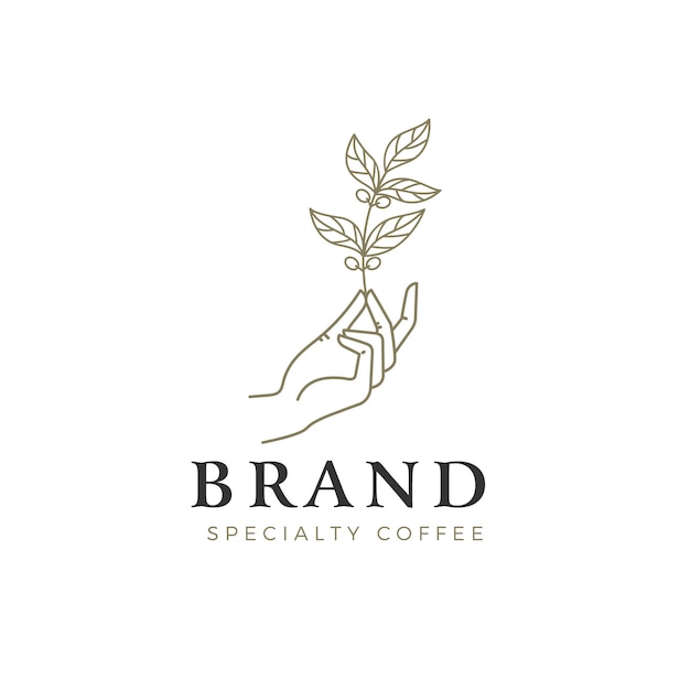 ロゴのコーヒーの木を持っている手のイラスト プレミアムベクター