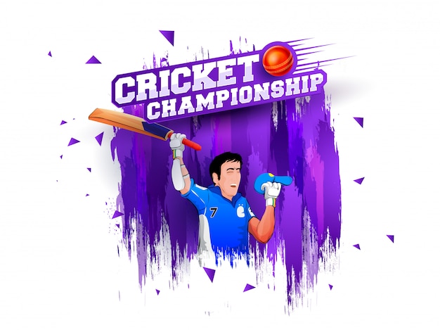 紫色のジグザグの背景に幸せな打者のイラスト クリケット選手権コンセプト プレミアムベクター