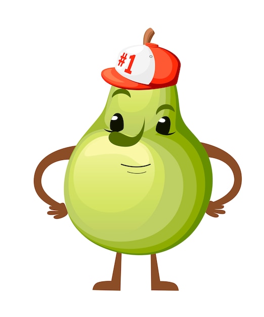 梨のイラスト かわいいフルーツのマスコット 野球帽1で洋ナシをジャンプします 白い背景のイラスト Webサイトページとモバイルアプリ プレミアムベクター