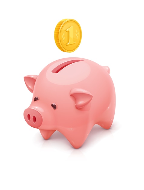 黄金のコインとピンクの貯金箱のイラスト プレミアムベクター