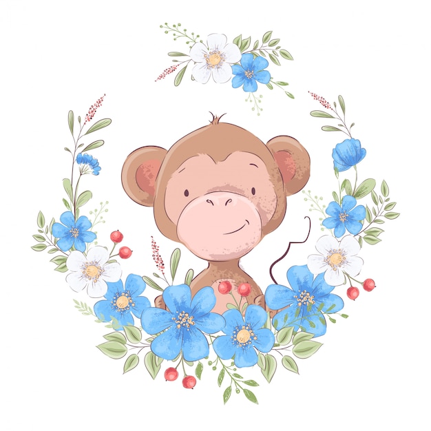 子供部屋のためのプリントのイラストは 青い花の花輪でかわいい猿を服します プレミアムベクター